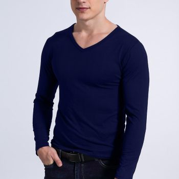 Men's Casual Long Sleeve Pure Color V Neck T-Shirt for Autumn and Winter