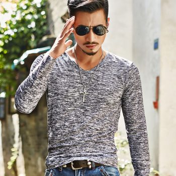 Men's Casual V-Neck Floral T-Shirt, Long Sleeve, Loose-Fitting, Breathable Fabric, Suitable for Young Adults